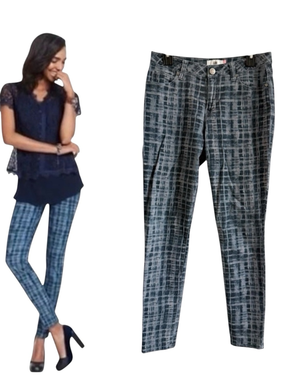 Cabi Curvy Blue Jeans Blue Grid Print Plaid Size 8 Stretch Straight Slim